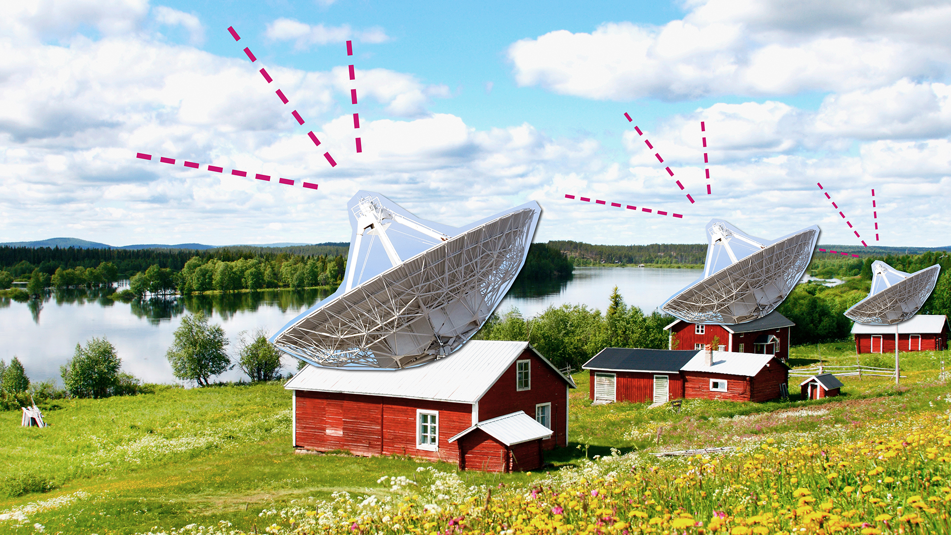 Schwedenhäuser mit Wiese und See, auf den Dächern riesige Satellitenschüsseln die Strahlen aussenden